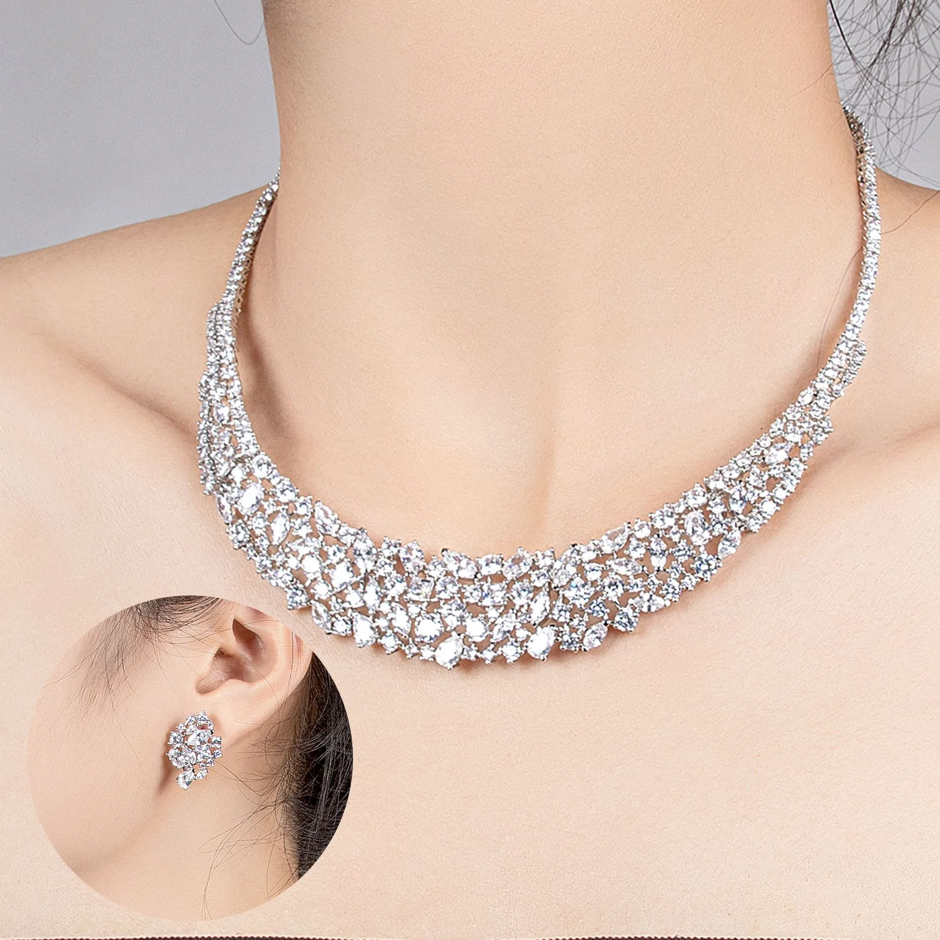 High Quality Zirconia Ladies Jewellery Necklace Earring Set Party Prom Wedding Graduation Dress Accessories