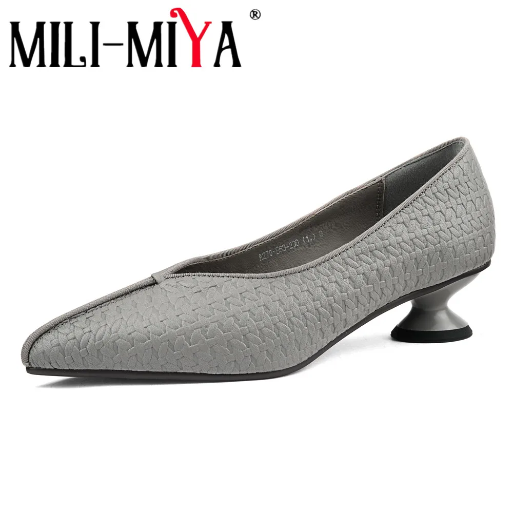 MILI-MIYA Women's Full Sheep Skin Pointed-Toe Pumps With Thick Heels Pure Color For Commuting And Office Wear Big Size 34-40