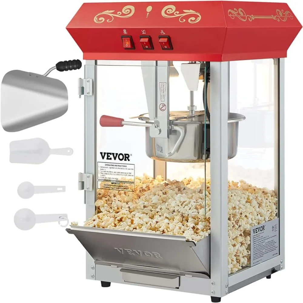 Countertop Popcorn Machine, 8 Oz Kettle,850 W，for 48 Cups per Batch, Theater Style ，Popper with 3-Switch ， Tempered Glass Doors