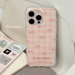 Korean Style Double Layer Printed Pink Plaid Bow Phone Case for IPhone15 14 12 13  Pro ProMax Plus  Shockproof Phone Cover