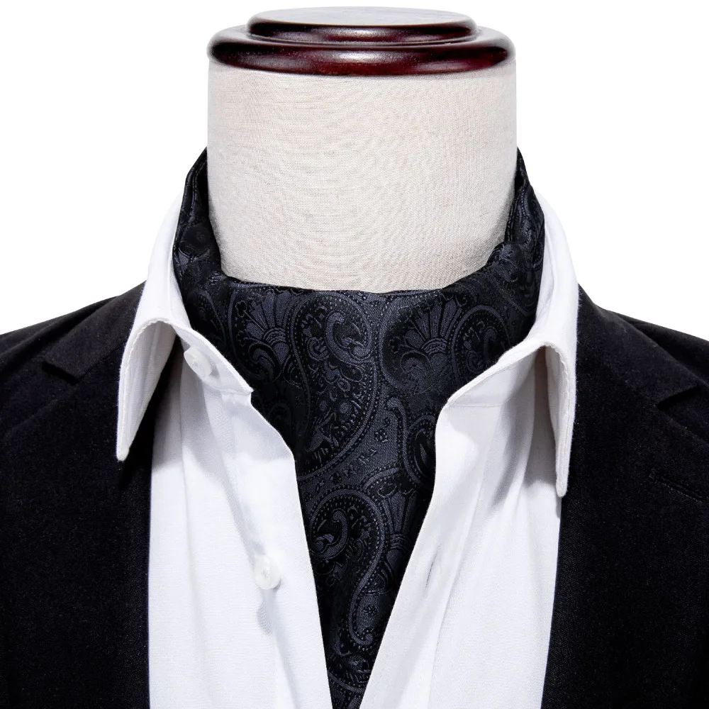 Barry.Wang Fashion Black Men Ascot Paisley style Cravat Tie Scrunch Self British Set For Men Formal Wedding Party LF-0008