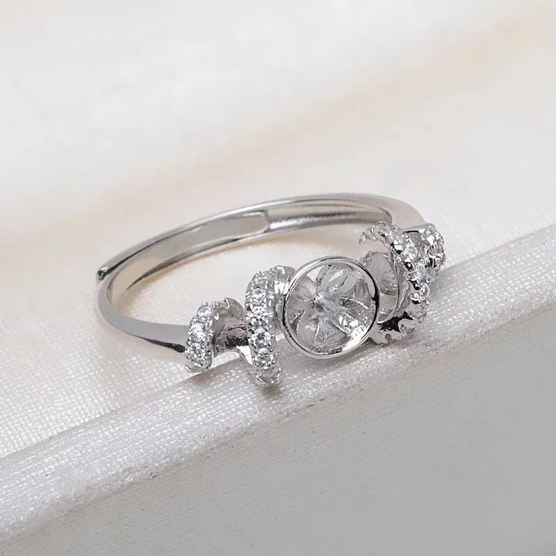 Encircling zircon inlays 925 Sterling Silver Classic Natural Freshwater Pearl Ring 8-9MM adjustable size  Gifts for Woman  RF