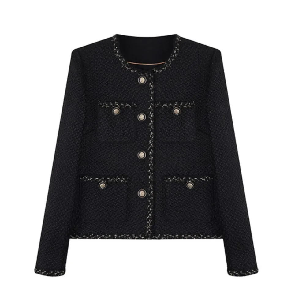 Black tweed women's coat Spring/Fall braided top