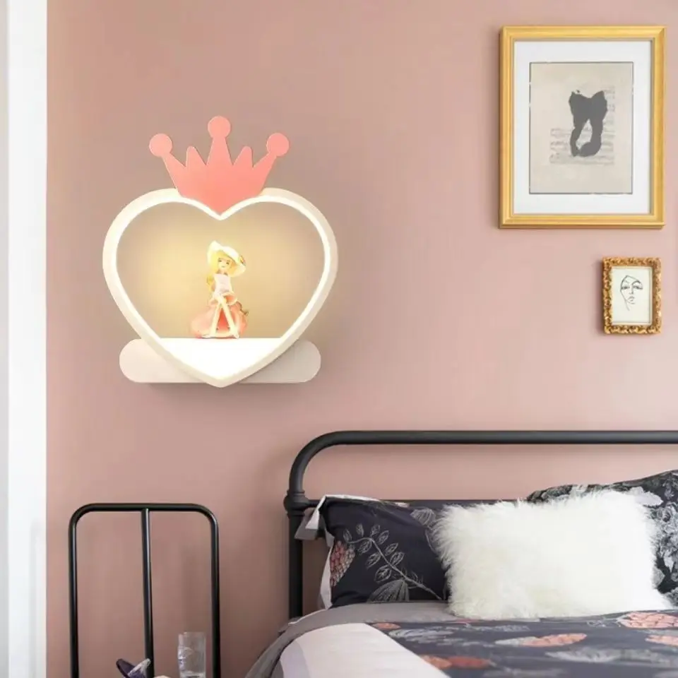 Nordic Love Heart Crown Wall Lamp for Princess Children\'s Room Aisle Bedroom Bedside Light Night Swan Strawberry Girl Ornament