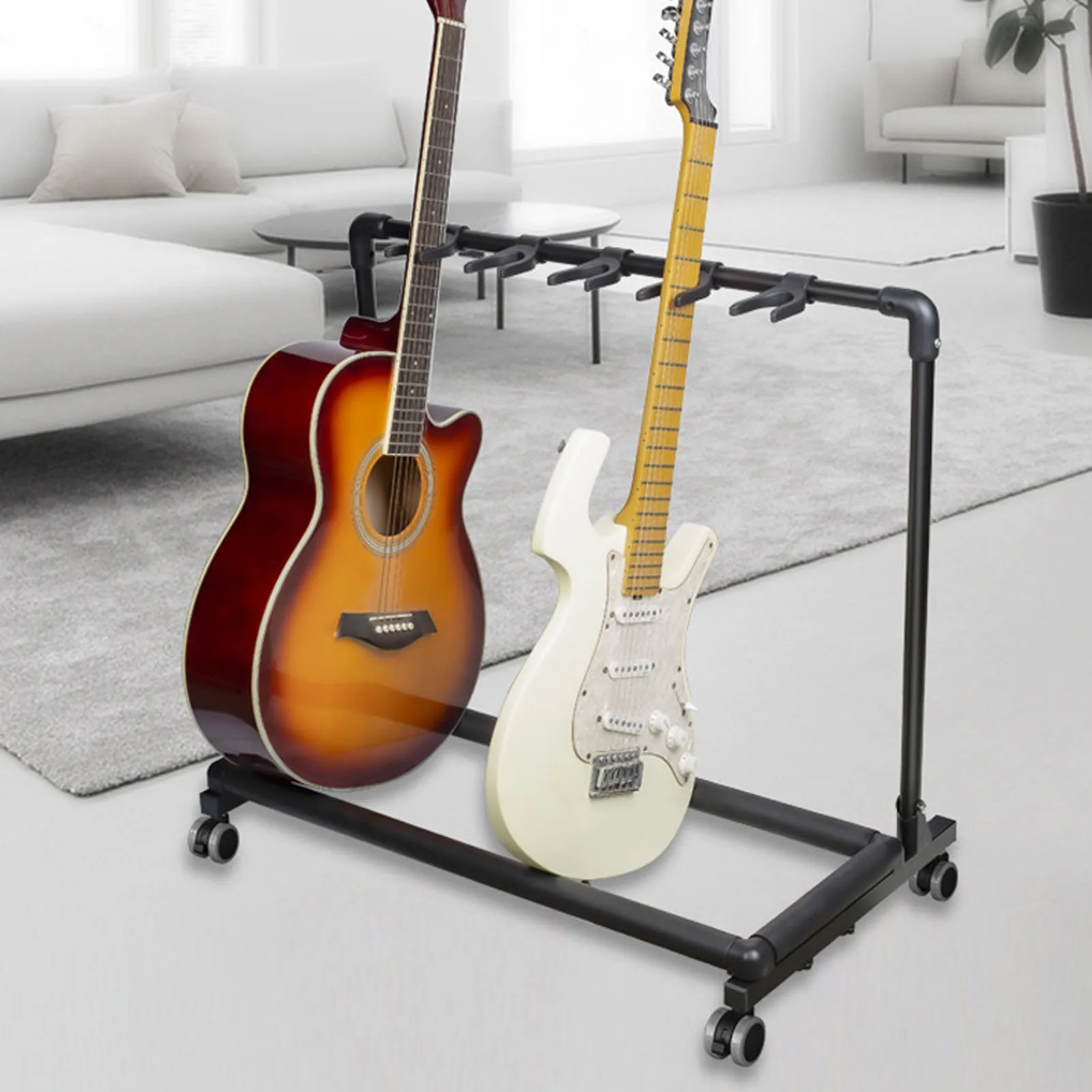 

Металлическая стойка-держатель для нескольких гитар с колесиками и подкладкой из ЭВА для магазинов