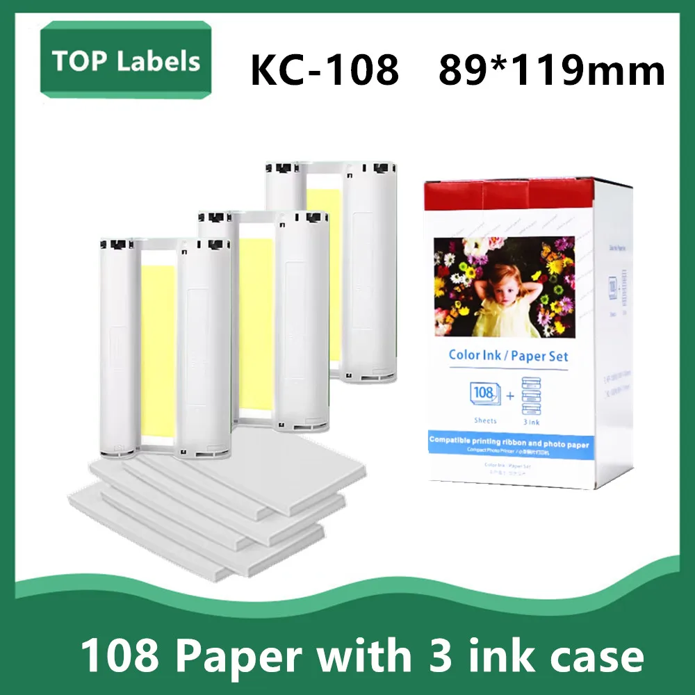 

5 inch 89 *119 mm for Canon Selphy Color Ink CP1200 CP1300 CP910 CP900 CP1500 Ink Cartridge KC-108 108 Paper and 3 ink case