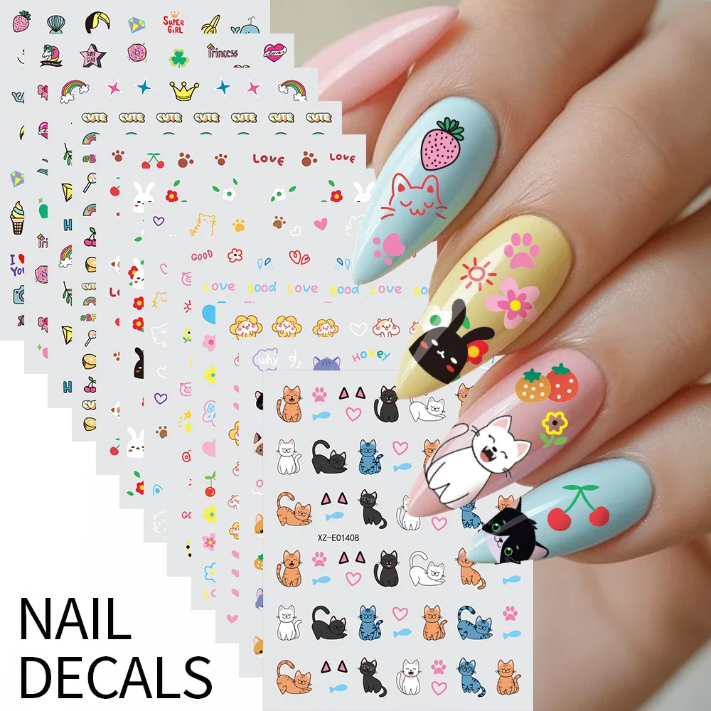 

1Pcs 3D Korean Cartoon Kitten Bunny Nail Slider Sticker Cute Graffiti Animals Squirrel Heart Cherry Nail Art Decals Manicure Dec