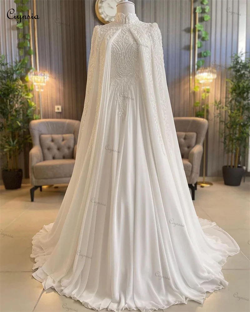 Ciynsia Luxury Long Sleeves Muslim Wedding Dress 2024 Bride Chiffon With Beading A-Line Bridal Gowns with Cape Robe De Mariée