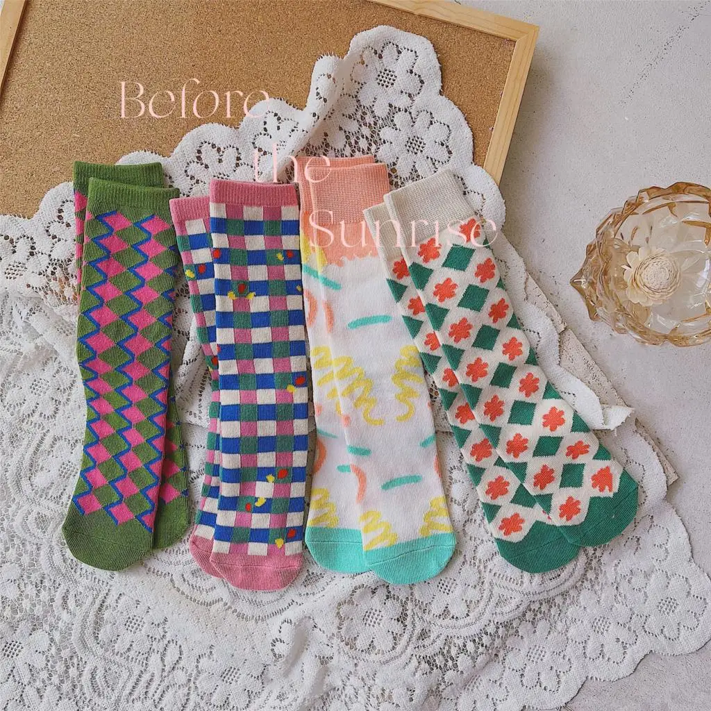 Spring Summer Color Graffiti Diamond Lattice Flowers Color Blocking Kids Socks Boy And Girl Fashion Plaid Socks Mid-calf Socks