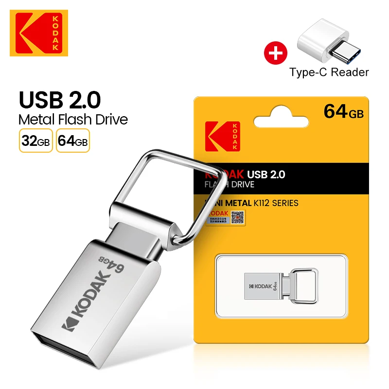 Kodak K112 USB 2.0 Flash Drive Mini Metal Pen 64GB 32GB Pendrive Waterproof USB2.0 Key Memory Stick with USB-C type-C adapter