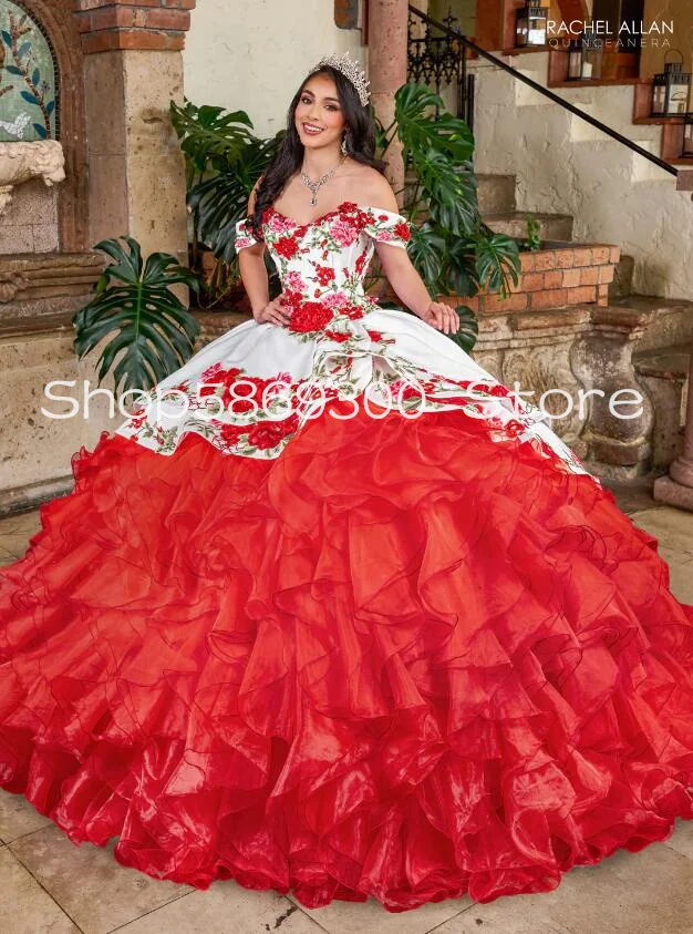 Vestidos florais mexicanos Charro com babados Quinceanera, Babados fora do ombro, espartilho com cordões, vestido com grande arco, 15