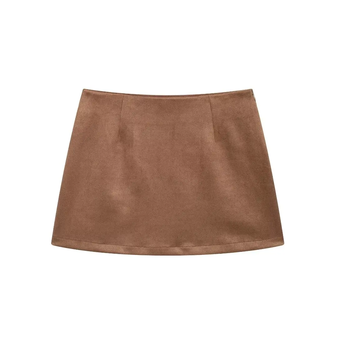 DUOPERI Women Brown A-Line Mini Skirt Casual High Waist Female Chic Lady Skirts