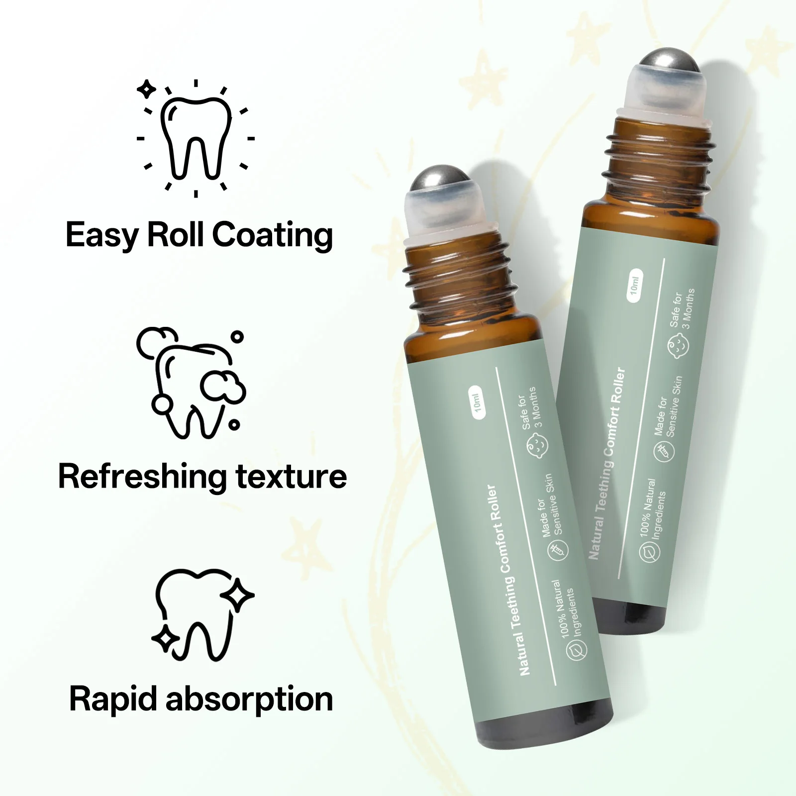 All-in-One Teething Soothing Roller 10ml - Organic Tea Tree Oil & Vitamin E Formula for Gentle Gum Massage from 3M+ Onward.