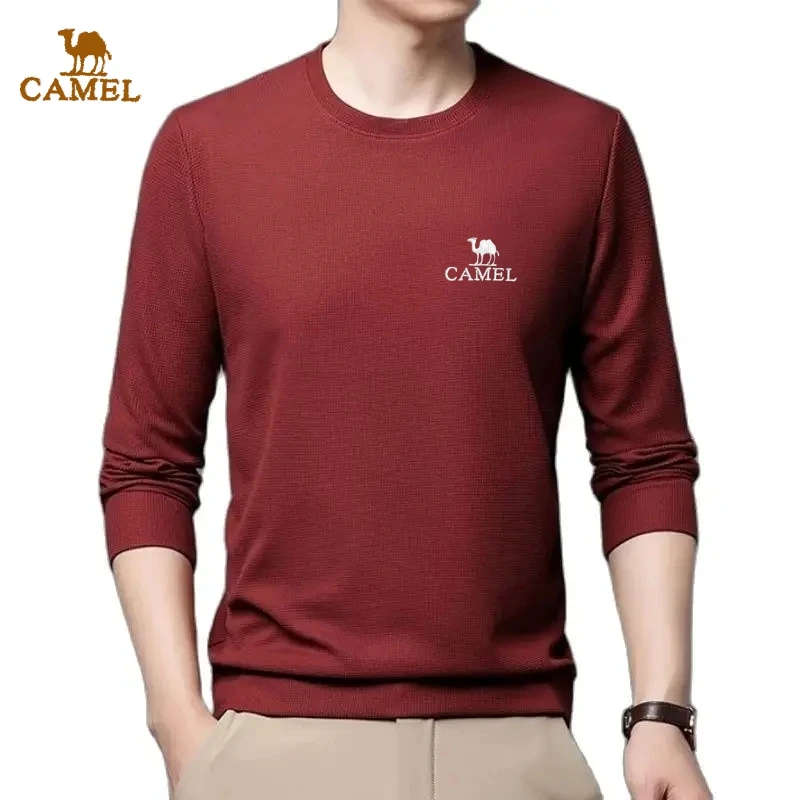 Men's High-quality Embroidered Casual Waffle Round Neck T-shirt, Breathable, Comfortable, and Stylish Long Sleeved T-shirt