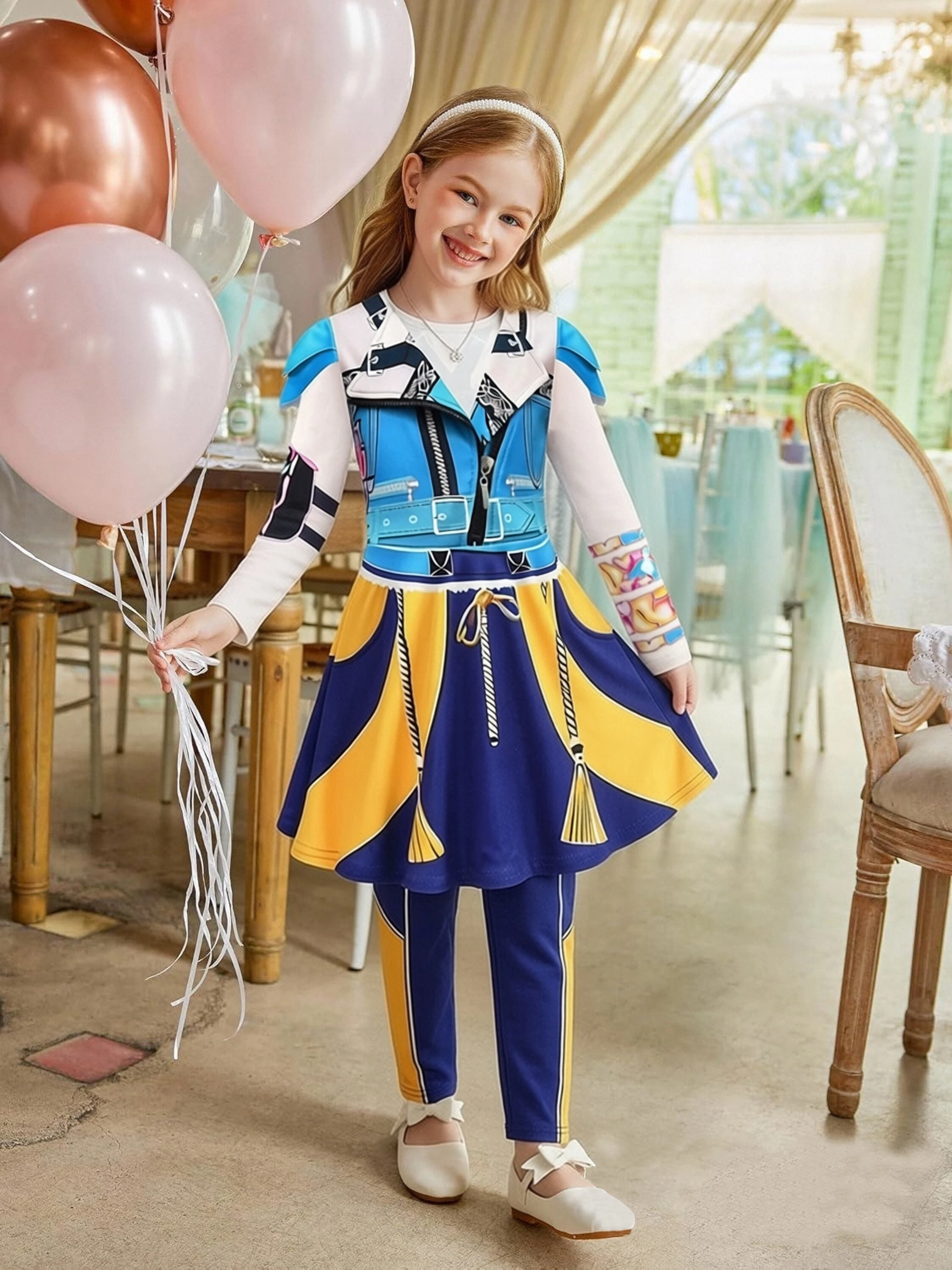 Girls Blue Yellow Printed Cosplay Costume Kids 3Pcs Long Sleeve Top Skirt Pants Set Fancy Dress Outfit For Halloween Theme Party