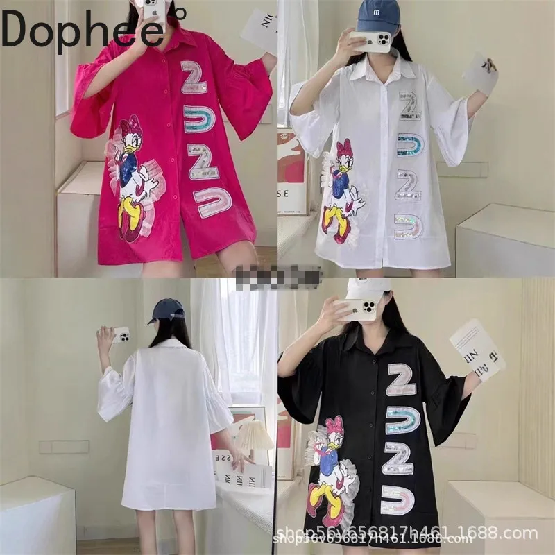 

2025 New Spring Summer Elegant Flare Sleeve Women Shirts Mid-long Loose Cardigans Top Sequins Cartoon All-match Students Blouses
