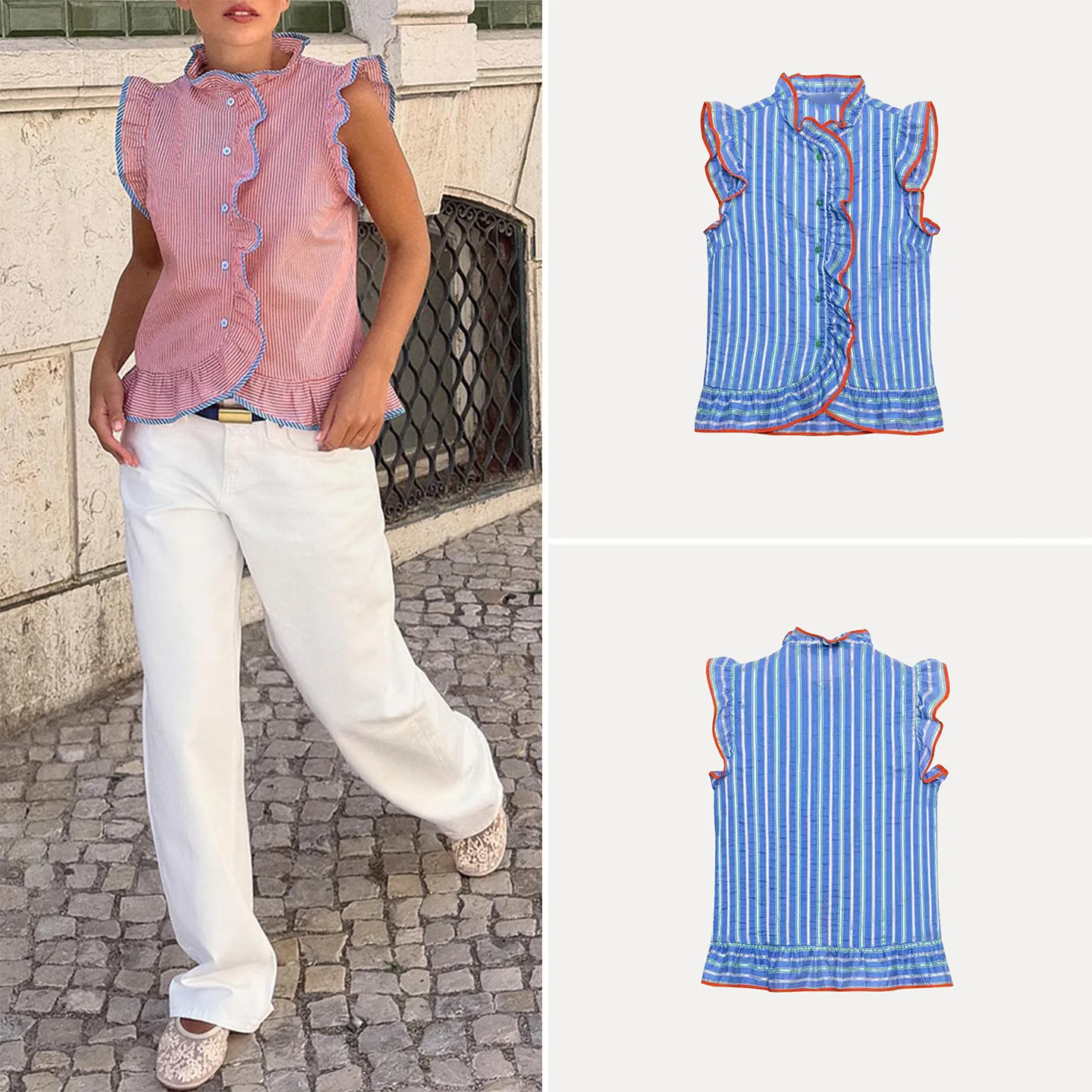 ZADATA Women's Shirt 2026 Autumn Sleeveless Stand Collar Stripe Decorative Layered Button Loose Fit Casual Fashion