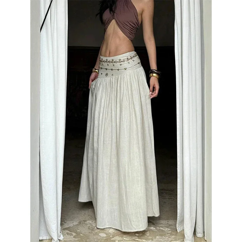 Vintage Beading Midi Skirt Women Vacation Beach Low Waist Skirts Summer Ladies Streetwear Korean Casual Design A Line Faldas New