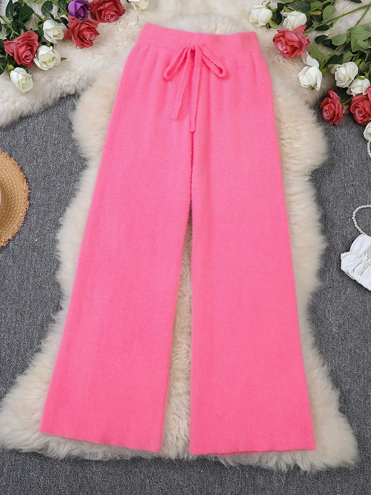 Women\'s Mink Knit Pants Fall Winter Thick Wide Leg Elastic Waist Casual Pink Trousers Soft Loose High Waist Pants Y2K Korean