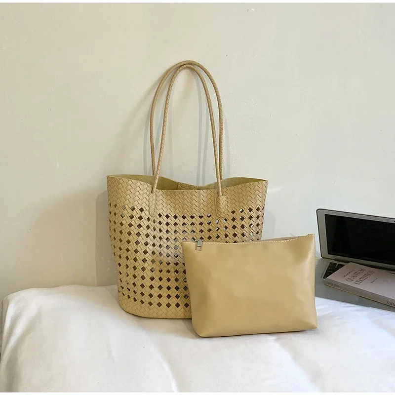 Rattan-Geflochtene Hohle Schultertasche mit Passender Geldbörse, Sommer-Shopper für Markt, Strand und Pendeln, Leichte Handtasche mit Offener Webung – Detail 11