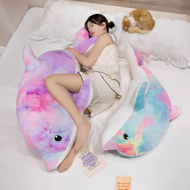50-130cm Kawaii Cartoon Colorful Giant Dolphin Plush Doll Pillow Rainbow Marine Animal Soft Dolphin Plush Toy Home Decoration
