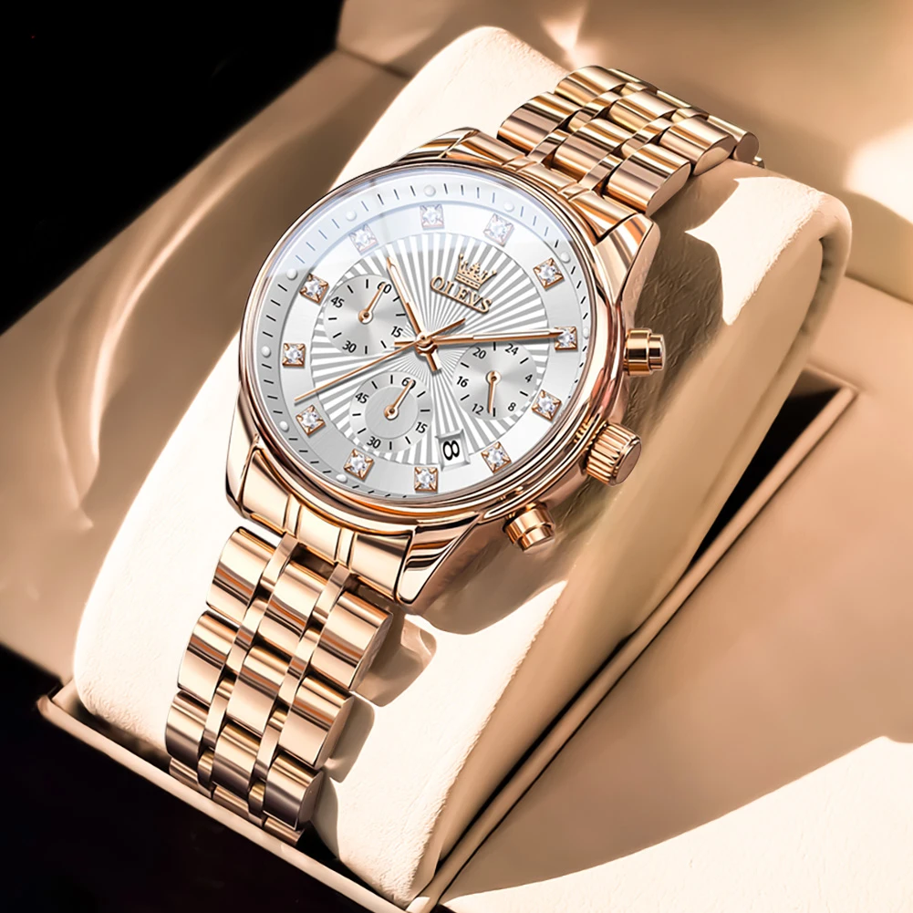 OLEVS Fashion Female Chronograph Watch Rose Gold Sparkling Diamond Dial Calendar Quartz Ladies Wrist Watch