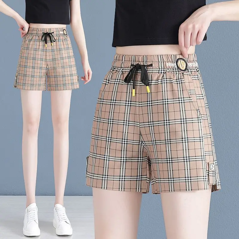 Women Summer Simplicity Loose Fashion Plaid Appear thin High Waist Quarter Shorts Women Clothes Casual All-match  Wide Leg