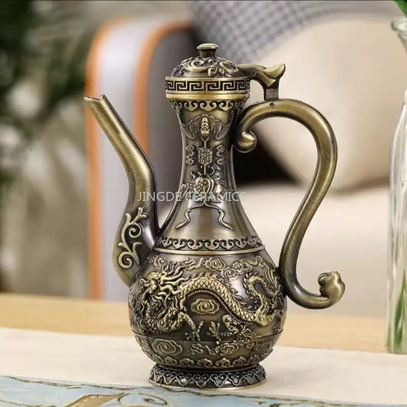 Chinese Antique Dragon and Phoenix Wine Set Flagon High Footed Tea Cup with Tray Household Drinking Utensils Drinking Utensils