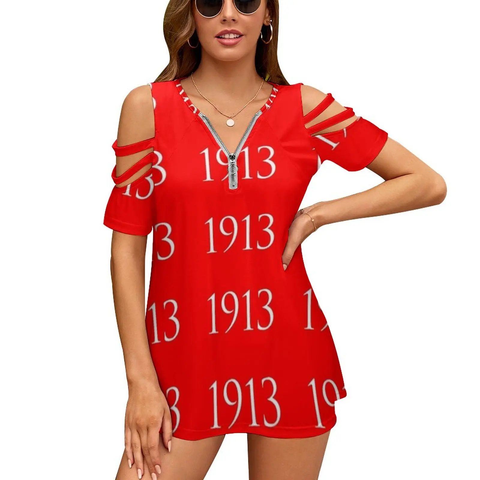 White 1913 On Red Women'S T-Shirt Summer Fashion Print Floral V-Neck Zipper Tshirt Hollow Pullover Ladies Top Delta Sigma Theta