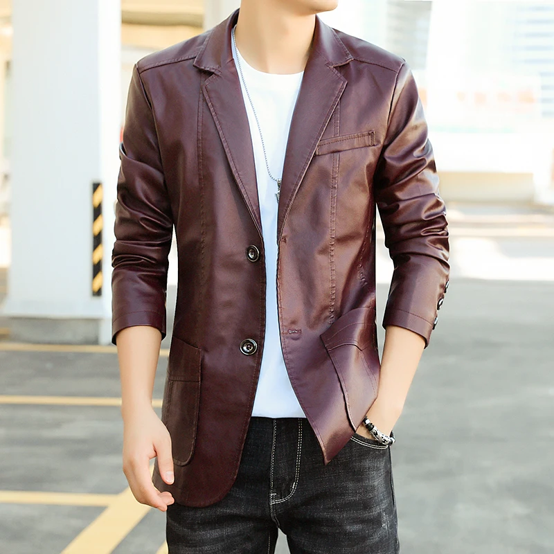 Business Men's Slim Fit Leather Blazer Jacket High-Quality Fashion Trend All-Matching Autumn Winter PU Leather Workwear Coat Men