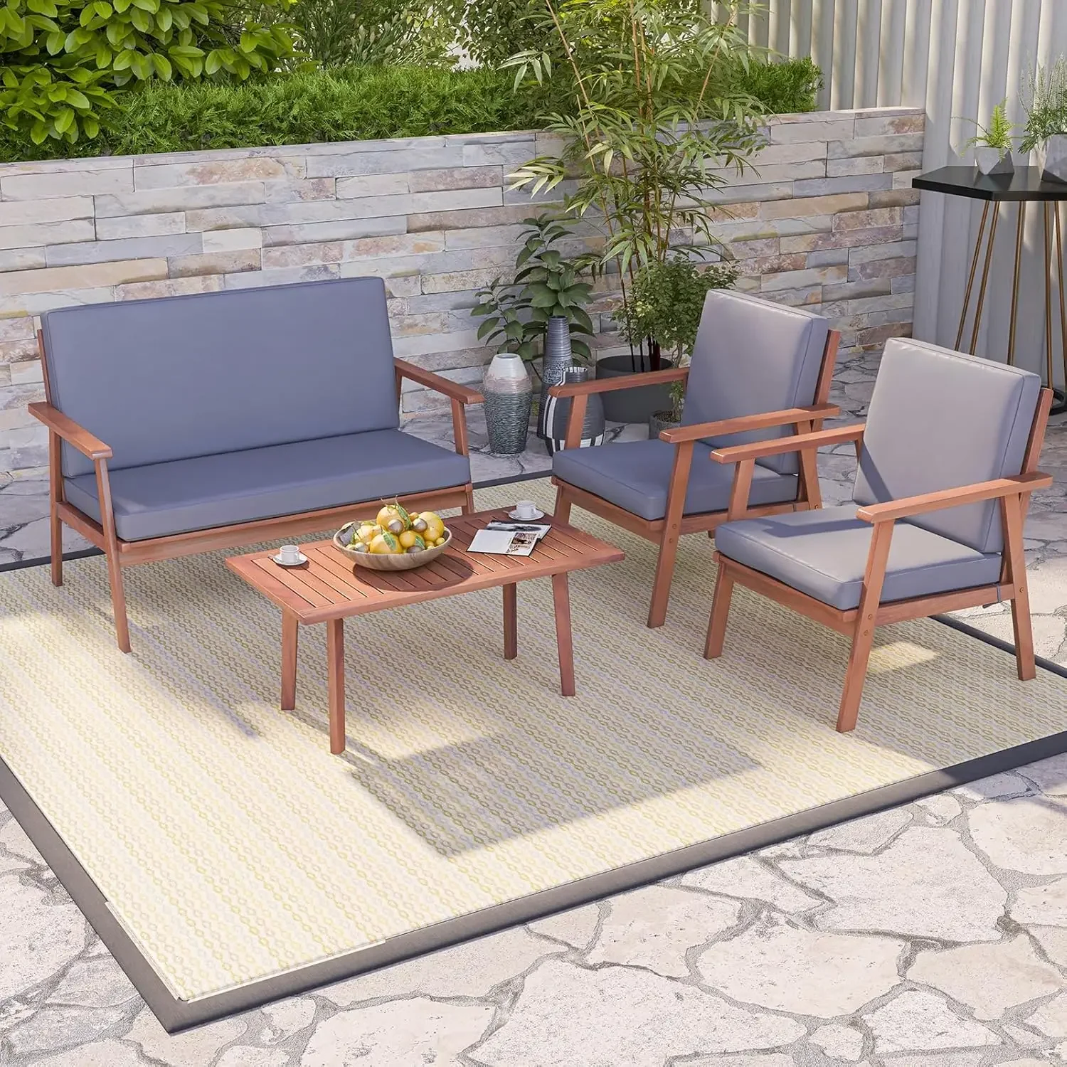 4 Piece Outdoor Conversation Set, Acacia Wood Sofa Set with Soft Seat ,Rectangle Coffee Table Patio Wood Furniture , Garden,Gray