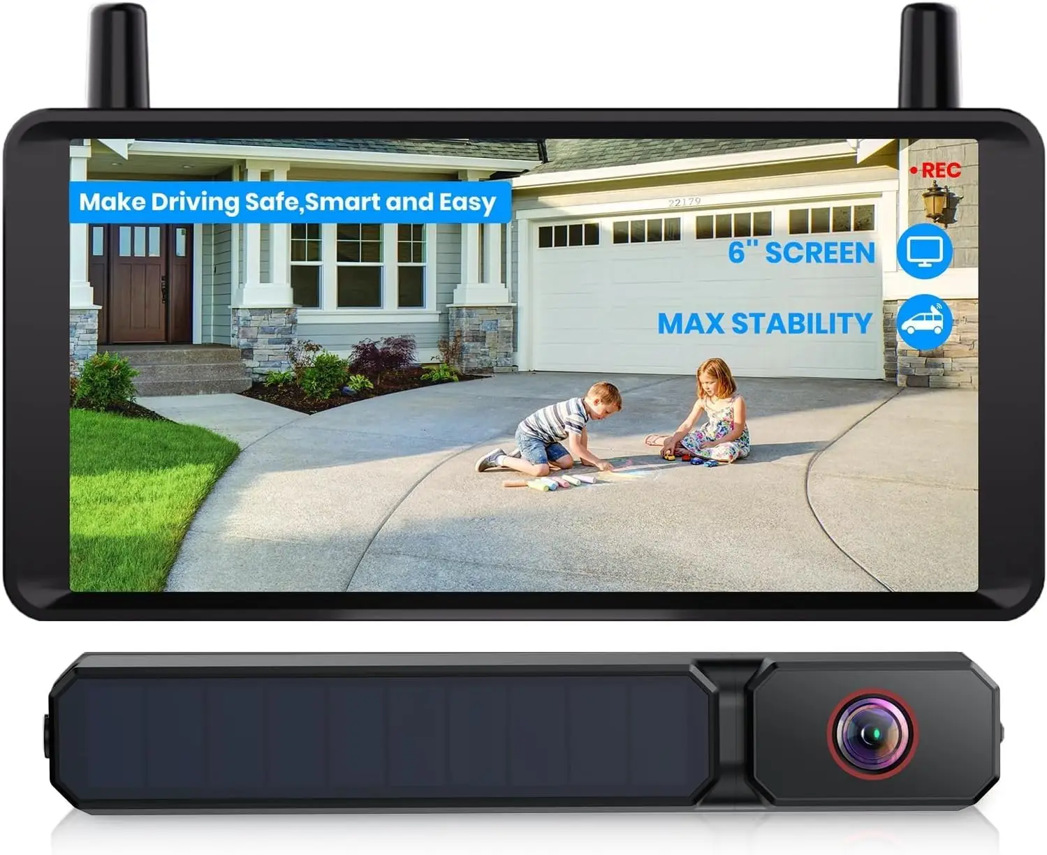 6 Inch Solar Backup Camera Wireless: 2 Minute Install, 16:9 1080P HD Monitor, Dual Channel Split Screen, Clear Live View