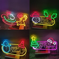 Merry christmas neon ambiance decoration holiday event neon sign, santa claus christmas tree snowman modeling luminous lights