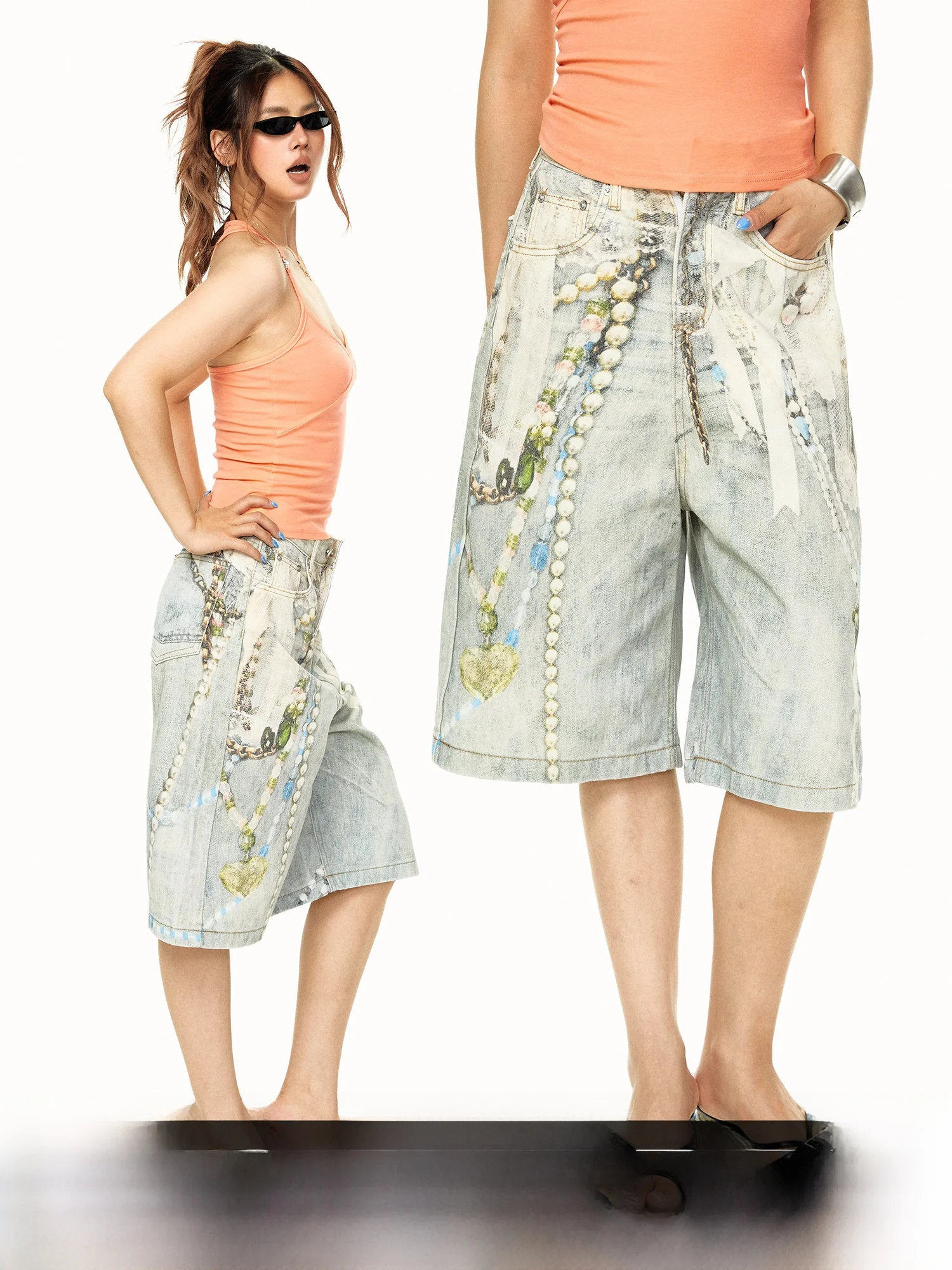 

Blackbb American Chain Print Shorts Women's Summer High Street Loose Casual Cotton Jeans High Waist Seven Pockets