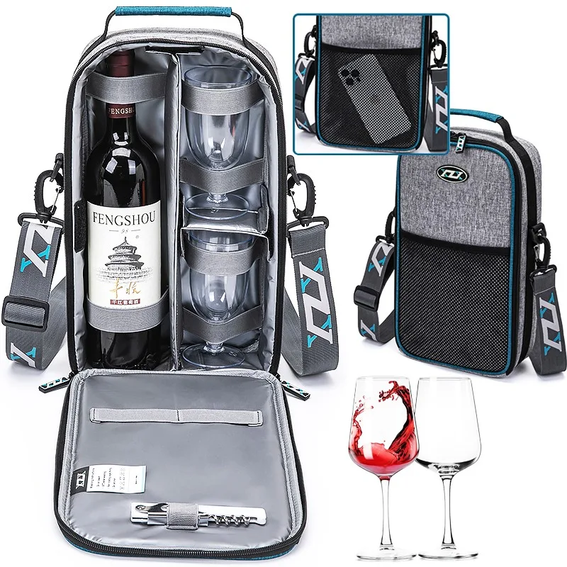 Insulated Wine Tote Bag Wine Carrier Travel Padded Cooler Bag with Shoulder Strap Corkscrew Opener for Outdoor PicnicsTravel