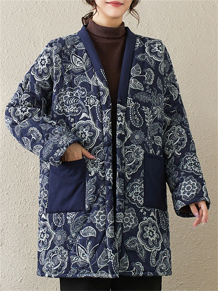 Veste en coton de style ethnique pour femme, manteau à simple boutonnage, décontracté, long, bleu, floral, élégant, dames, hiver, vintage, nouveau