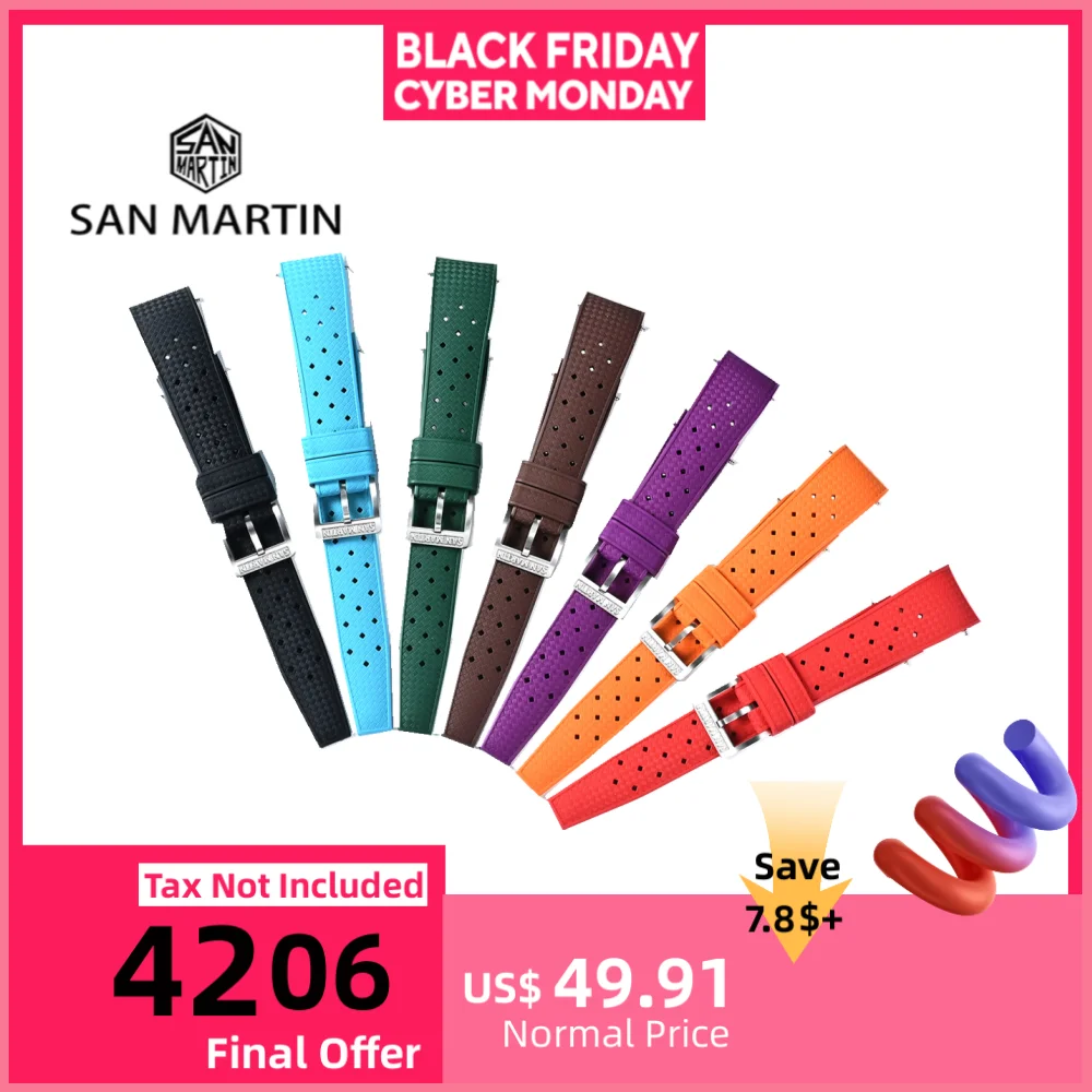 

San Martin цветной резиновый ремешок из FKM с изогнутым концом 19/20/21 мм для SN00144, тропический ремешок для часов, удобный для ношения, водонепроницаемый, прочный