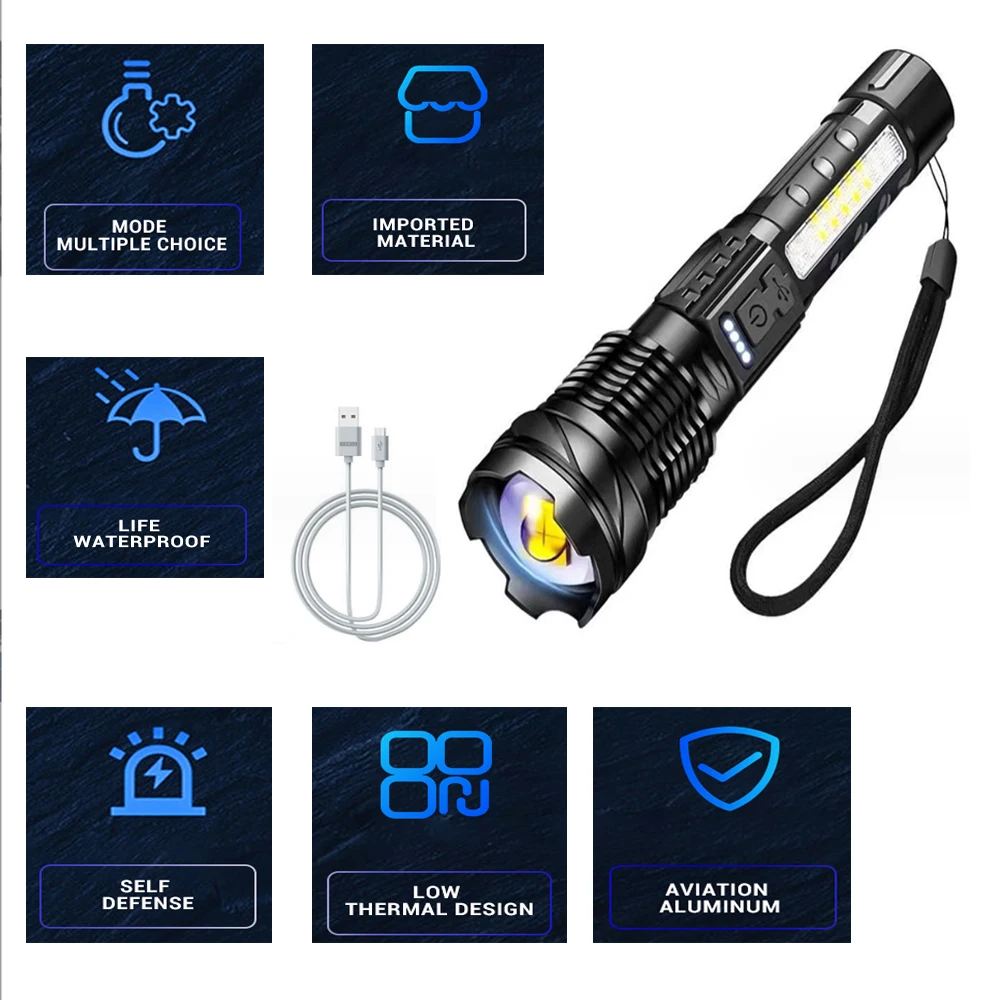 High Strong Power 24w Led Flashlights 50000000 Tactical Light Emergency Spotlights Telescopic Jetbeam1km 18650 Built-in Battery