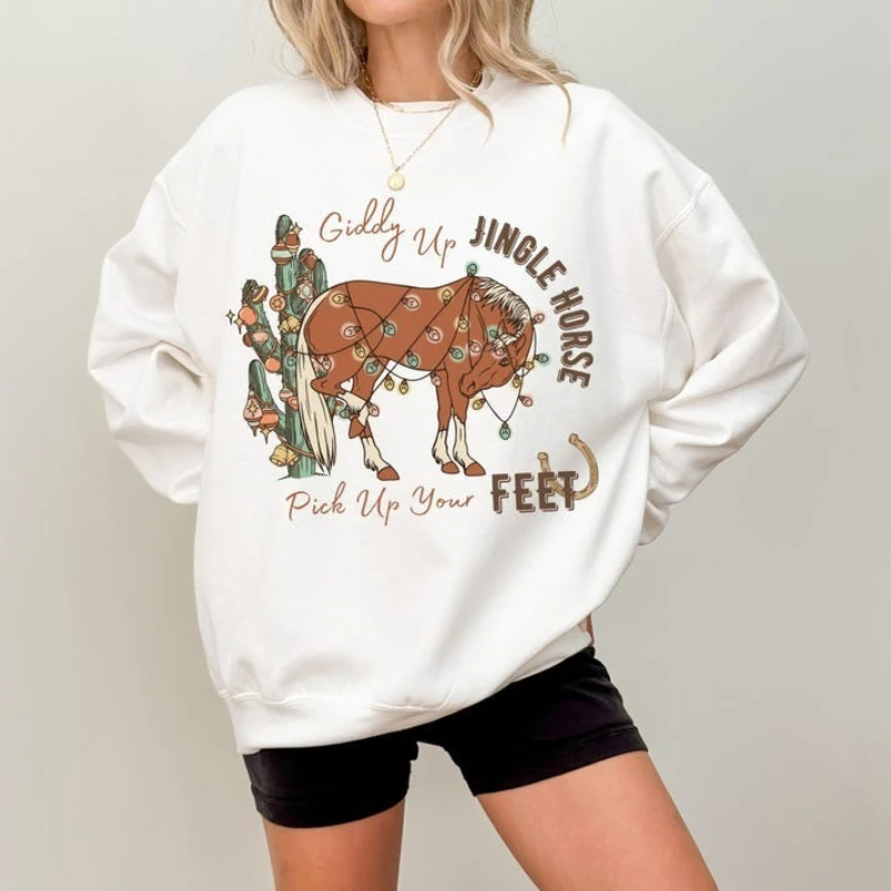 Giddy Up Jingle Horse Noël Western Cowgirl Col rond Vacances de campagne pour fille Cadeau de Noël Sweat-shirt cheval du zodiaque chinois