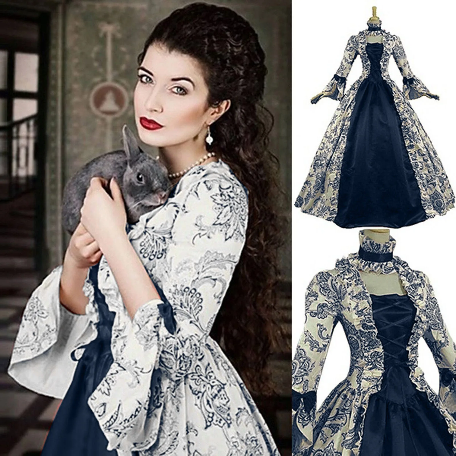 

Medieval Flare Sleeve Victorian Party Formal Gown Women Cosplay Marie Antoinette Dress Renaissance Gothic Floral Robe Plus Size