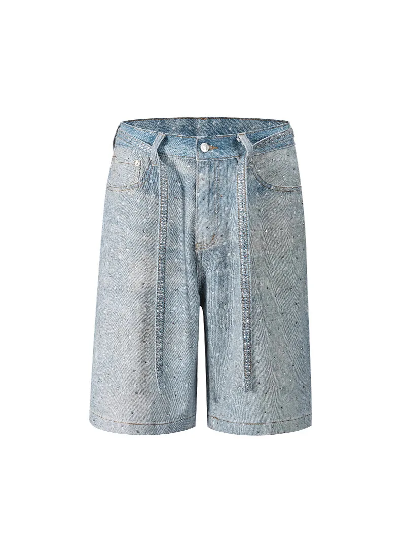 D8739 Spring/Summer 2025 European women's fashion loose denim shorts with full rhinestones and an attached belt, available now.