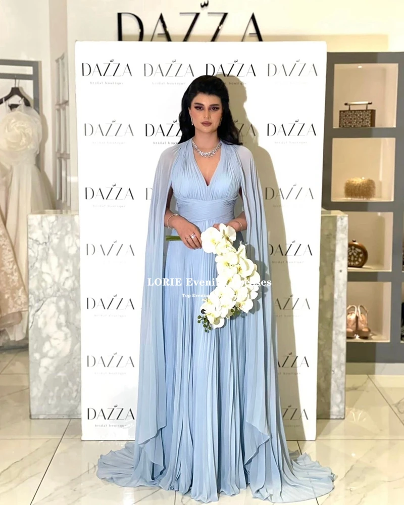 LORIE Arabia saudita abiti da ballo in Chiffon moda spiaggia Halter abito da sera con mantello cielo blu pieghe Dubai celebrità abiti da festa