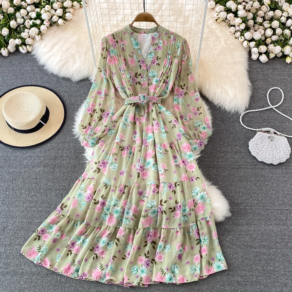 

Sweet Floral Midi Dress Women Elegant V-Neck Lantern Long Sleeve High Waist Draped A-Line Casual Vestidos Female Spring Summer