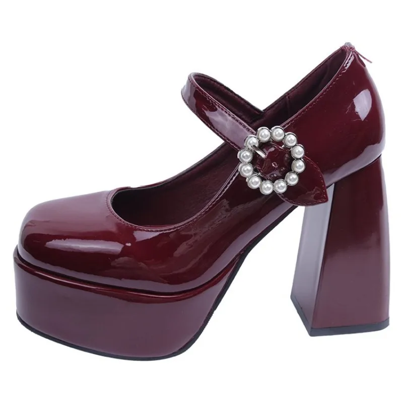 9CM Mary Jane tacchi alti piattaforma tacco spesso piattaforma impermeabile una linea fibbia testa quadrata bocca superficiale scarpe singole donna