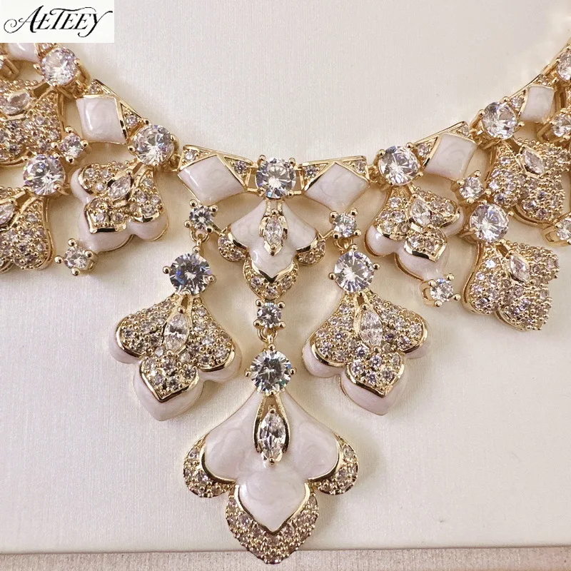 Women Gold Plated Jewelry Set Glaze Tassel Inlaid Cubic Zirconia Earrings Necklace Party Accessories