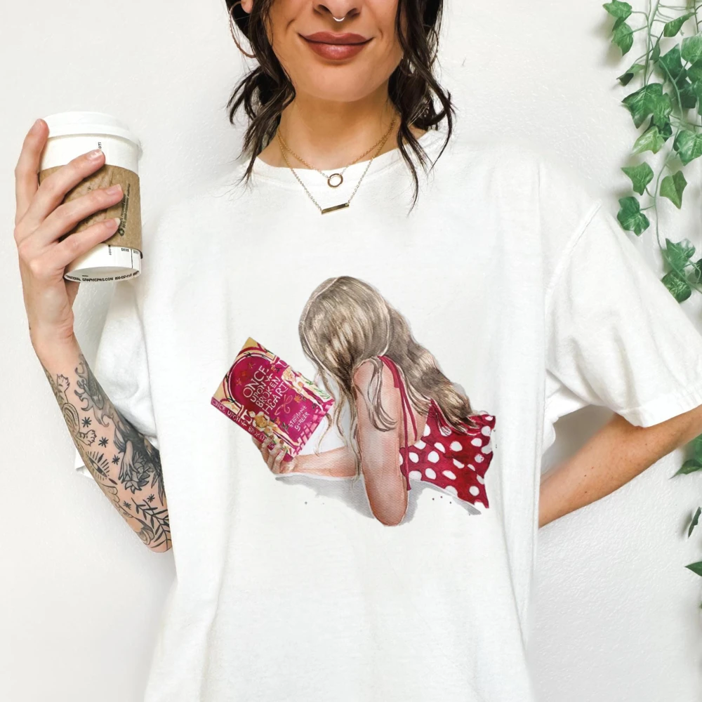 Once Upon A Book Club Polka Dot Dress Reading Woman Realistic Cotton Shirt Watercolor Bookworm Graphic Unisex Top Book Lover Tee