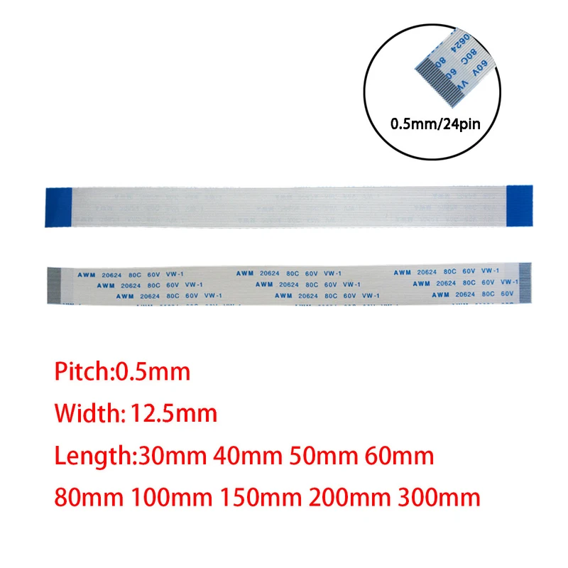 R+  24Pin 0.5mm Pitch FFC FPC Flexible Flat Cable AWM VW-1 20624 80C 60V A B Type