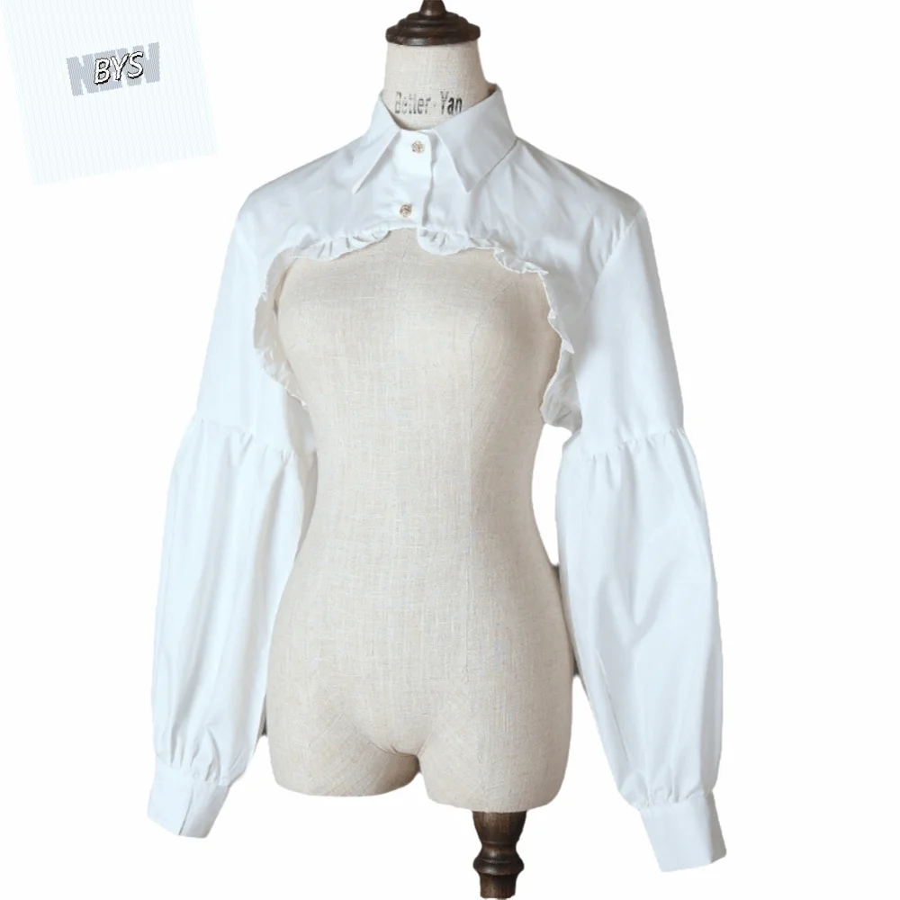 Vintage Sleeve Shirt Collar Retro Courtly Style Women Puff Long Sleeve Puff Sleeve Ruffles Faux Puff Long Sleeve Top Office Wear