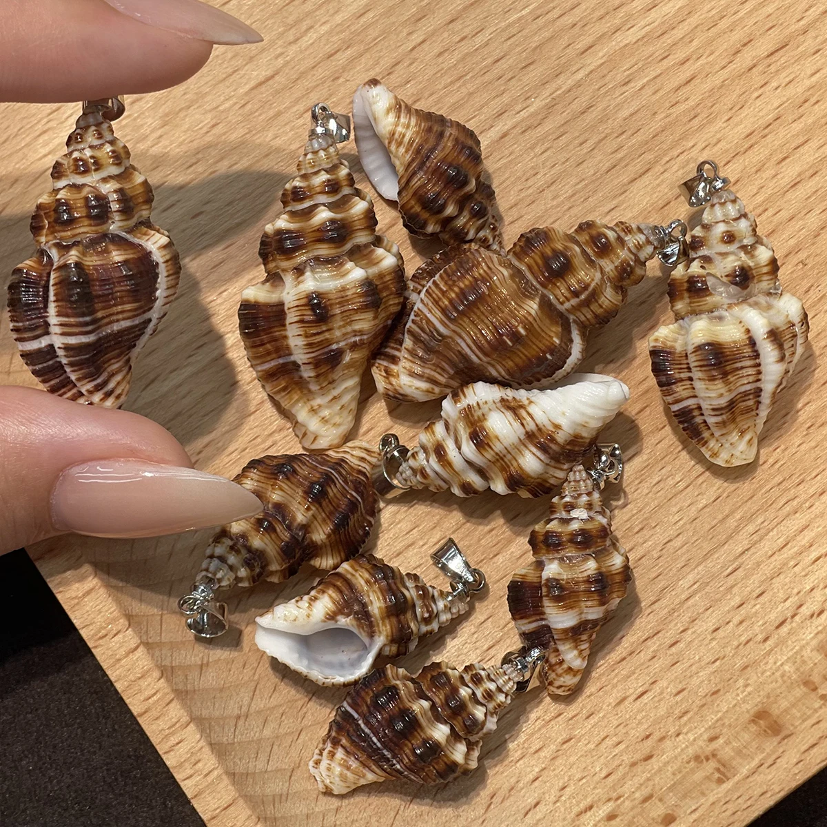 10Pcs Natural Conch Shell Pendant Spiral Whelk Shell Charm Silver Color Plated Bail DIY Necklace Beach Jewelry Making Supplies