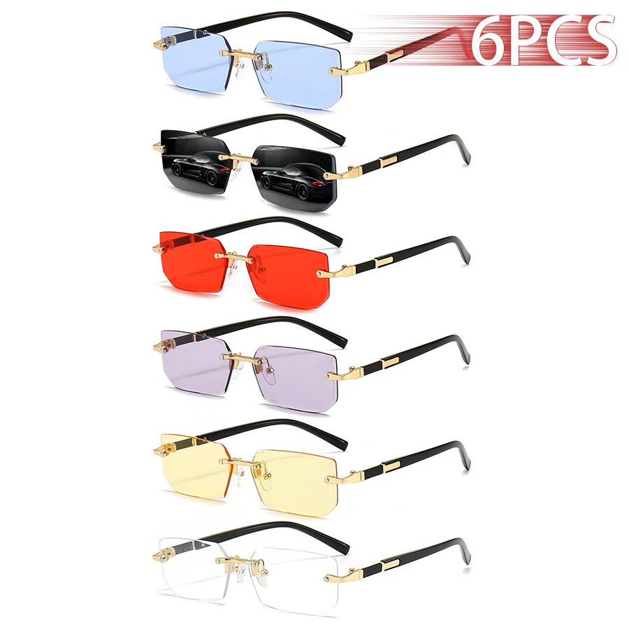 

6 шт. солнцезащитные очки без оправы для мужчин и женщин, прямоугольные градиентные линзы, металлическая оправа, цветные линзы, очки унисекс, роскошная мода